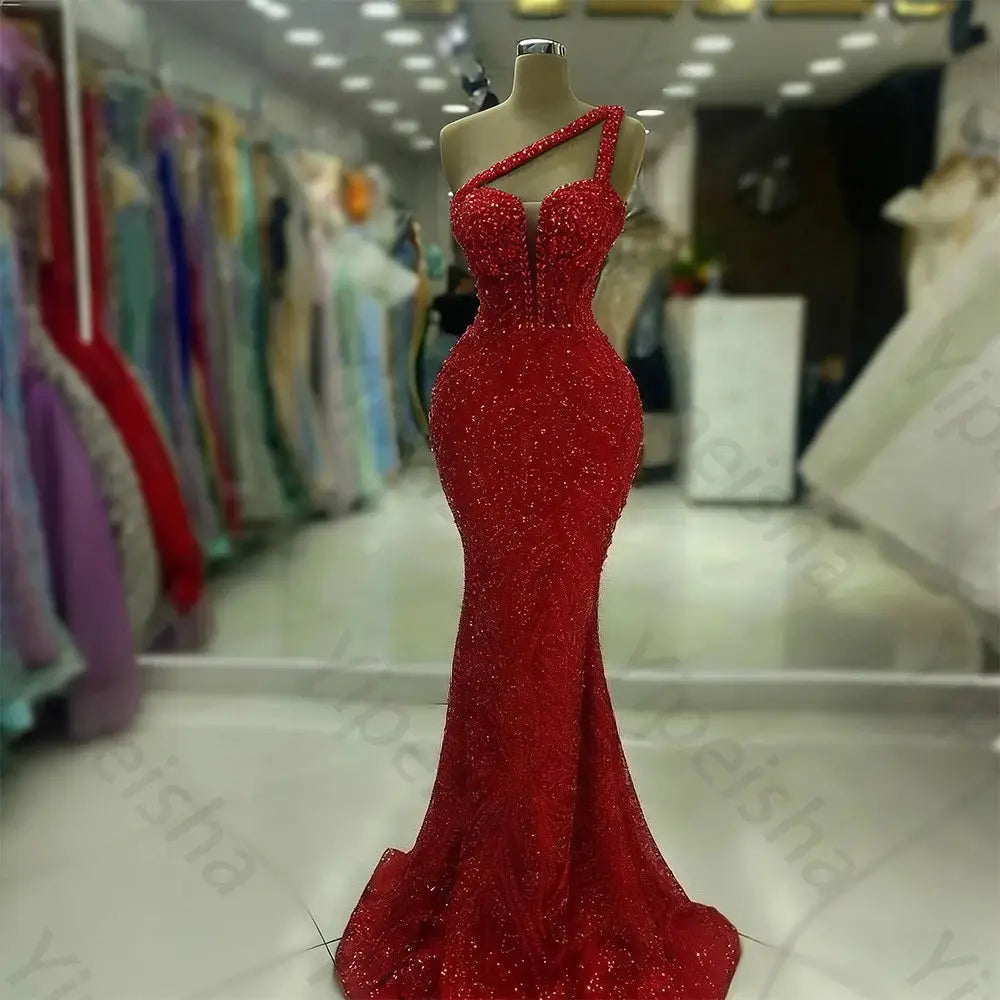 One Shoulder Backless Sequin Mermaid Evening Gown With Beading