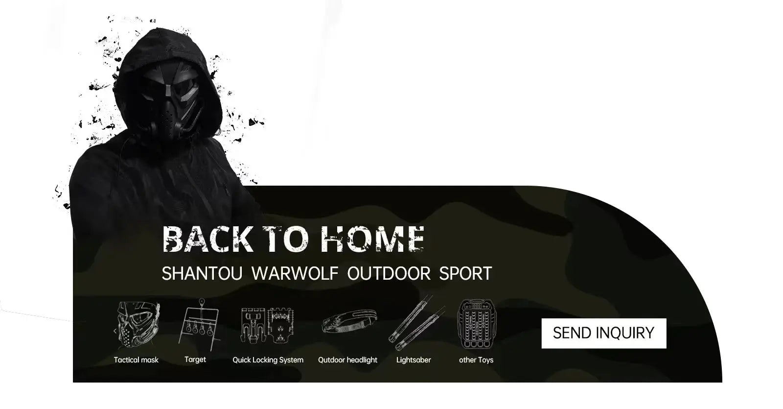 Masked figure in a black hooded jacket on a dark banner with BACK TO HOME and outdoor gear icons