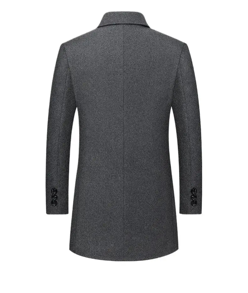Men's long wool-blend trench coat in gray, back view
