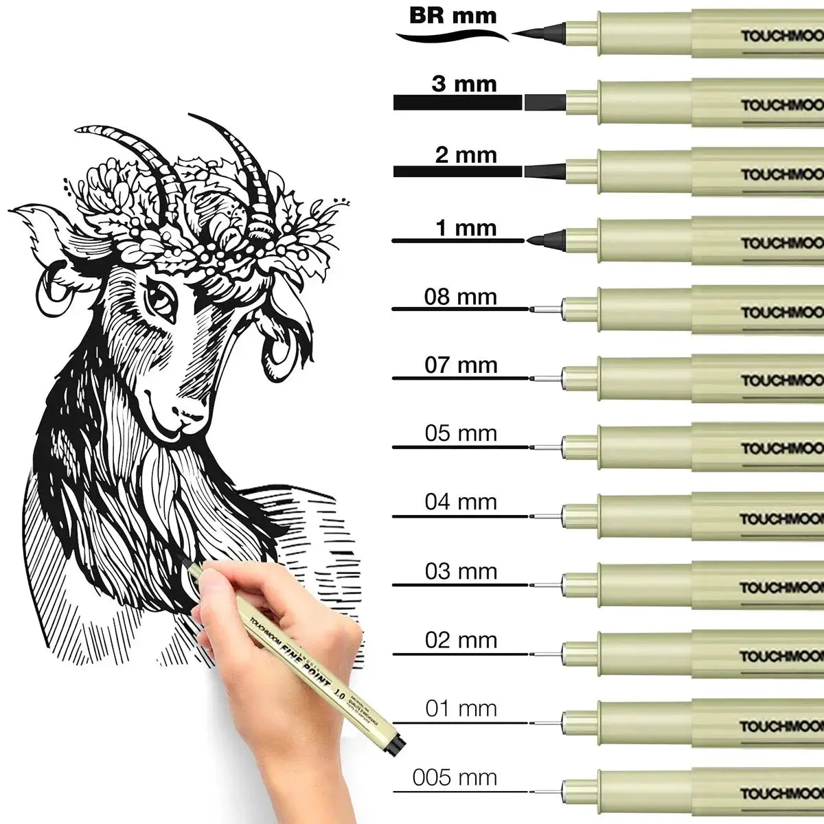 Hand-painted fineliner pen set, 6–12 pcs, beige TOUCHMO pens with assorted nib sizes for sketching