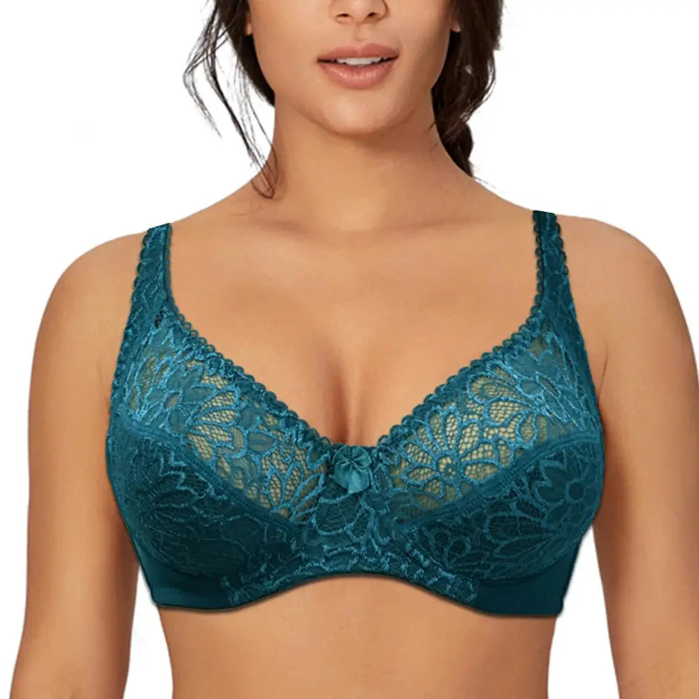 Plus-size teal lace underwire bra with floral pattern and center bow