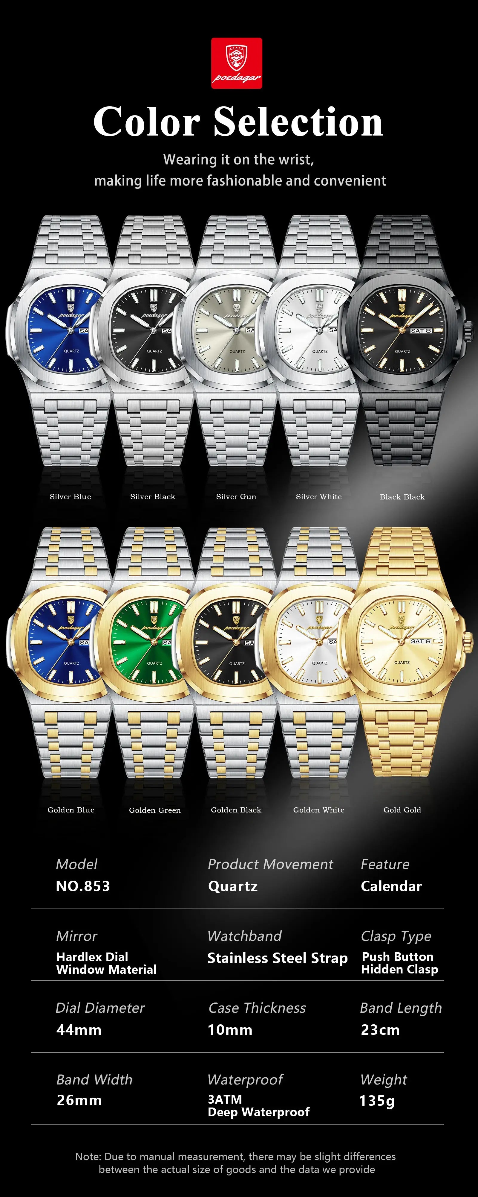 POEDAGAR Luxury Square men's quartz watches, stainless steel bands, 10 color options.
