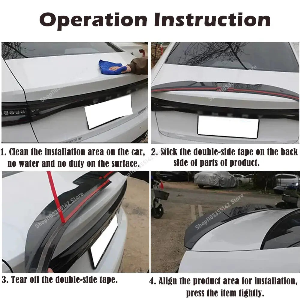 Simples Market universal sedan rear spoiler kit, 3pc, adjustable 117–127cm, black with red trim.