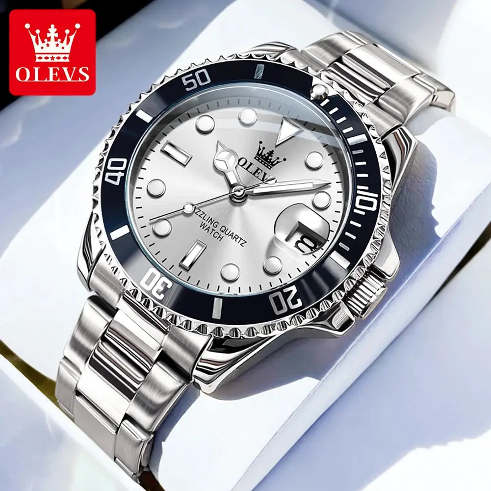 OLEVS stainless steel men's wristwatch with white dial, black bezel and date window