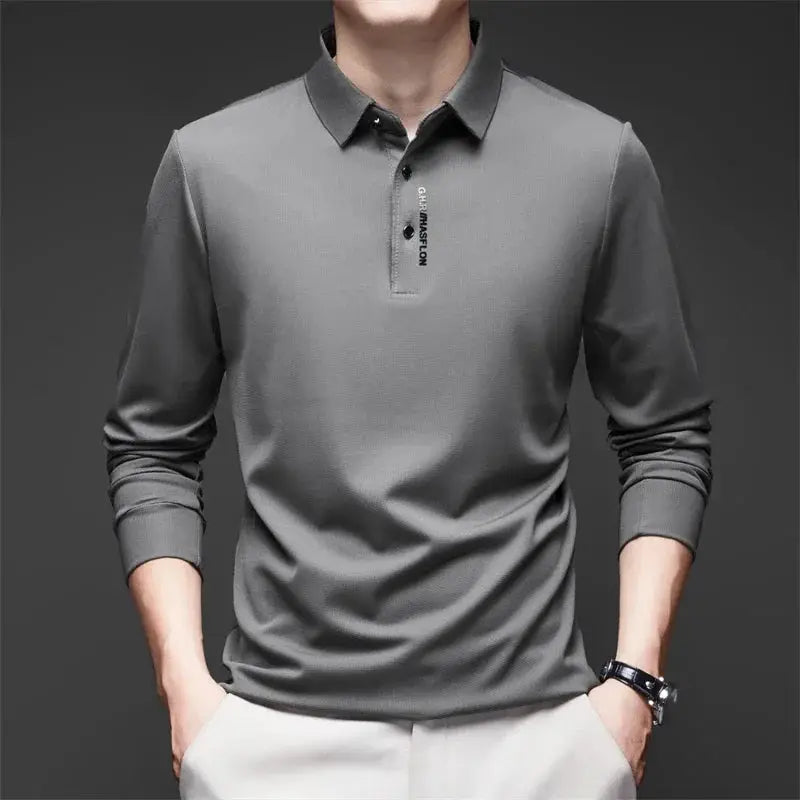 Men's gray long-sleeve polo shirt with collar and button placket