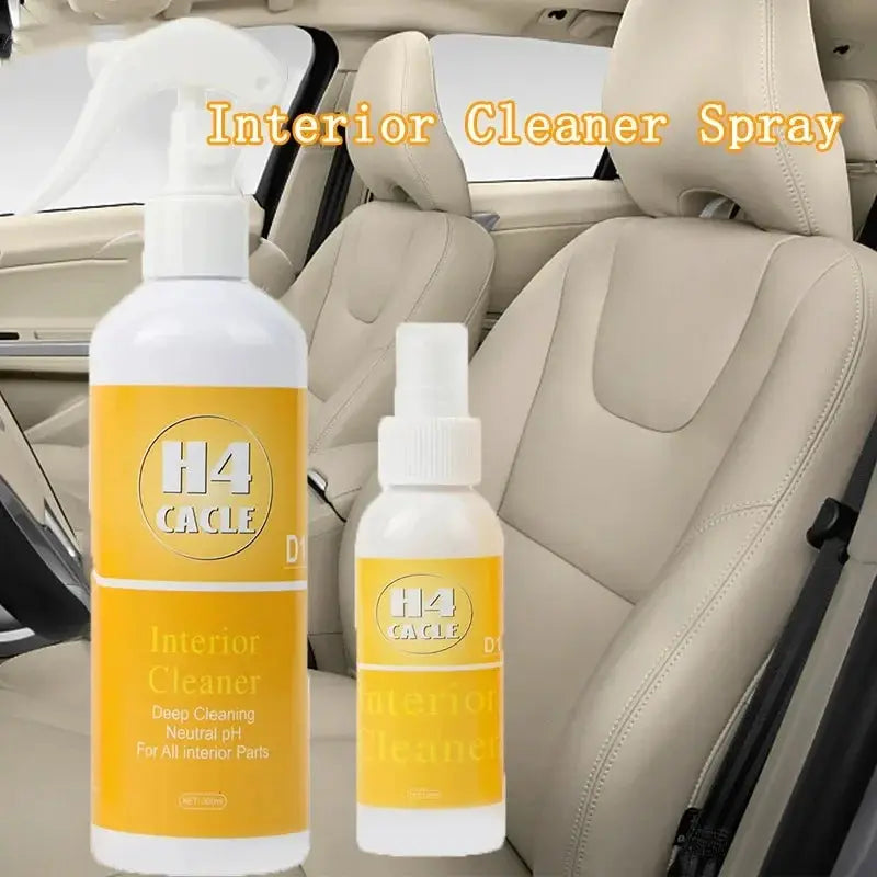 H4 CACLE interior cleaner spray bottles for car upholstery with yellow label inside a beige car interior