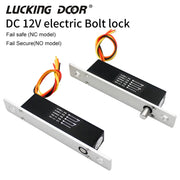 DC 12V electronic bolt lock from Simples Market; two black housings with silver plates and wired connectors.