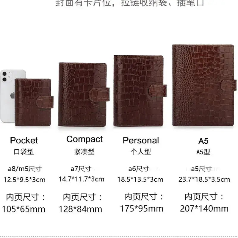 Yiwi genuine leather planner set by Simples Market in brown crocodile-embossed leather; 4 sizes Pocket-A5.