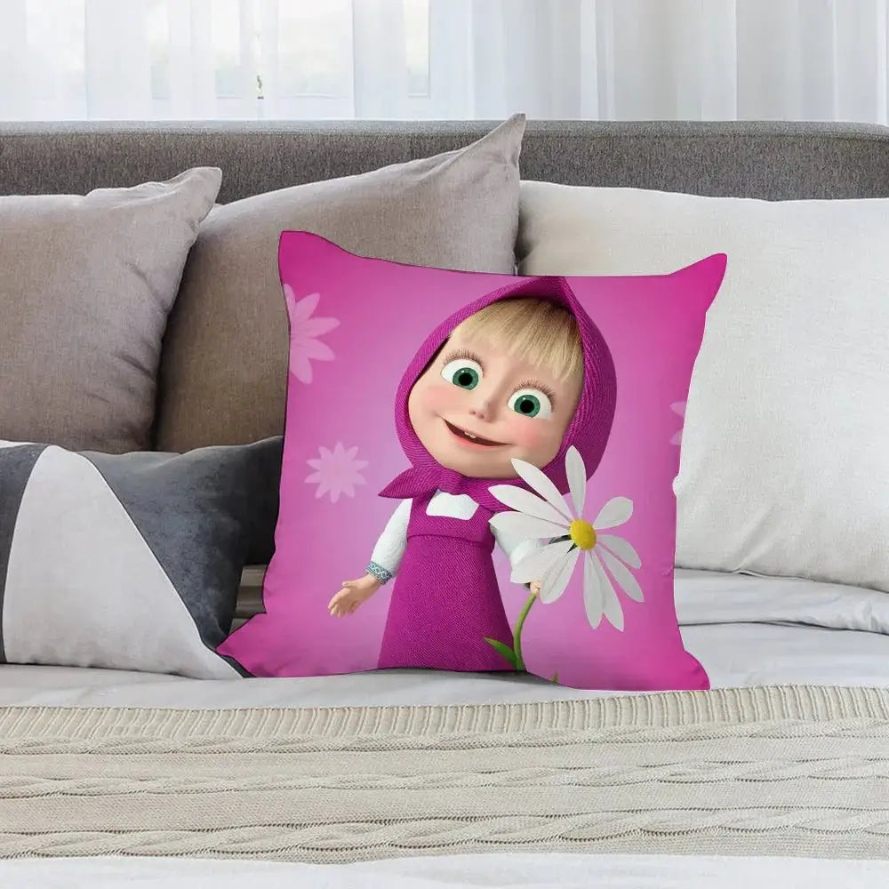 Pink Masha and the Bear pillow case with plush fabric, double-sided print for sofa cushion
