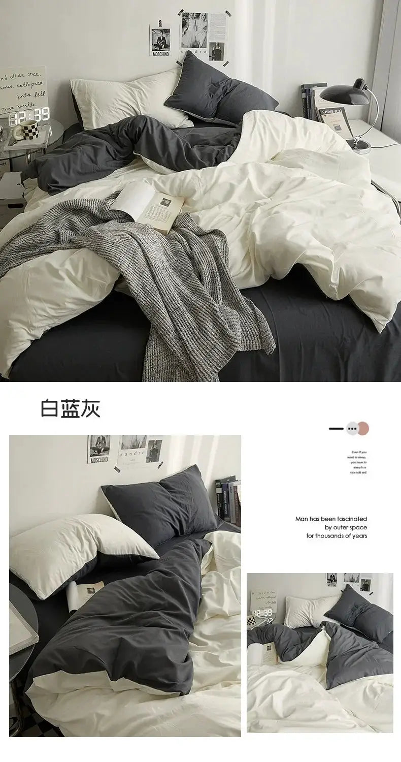 Simples Market 4-piece solid-color double-washed cotton bedding set on bed in white and gray tones