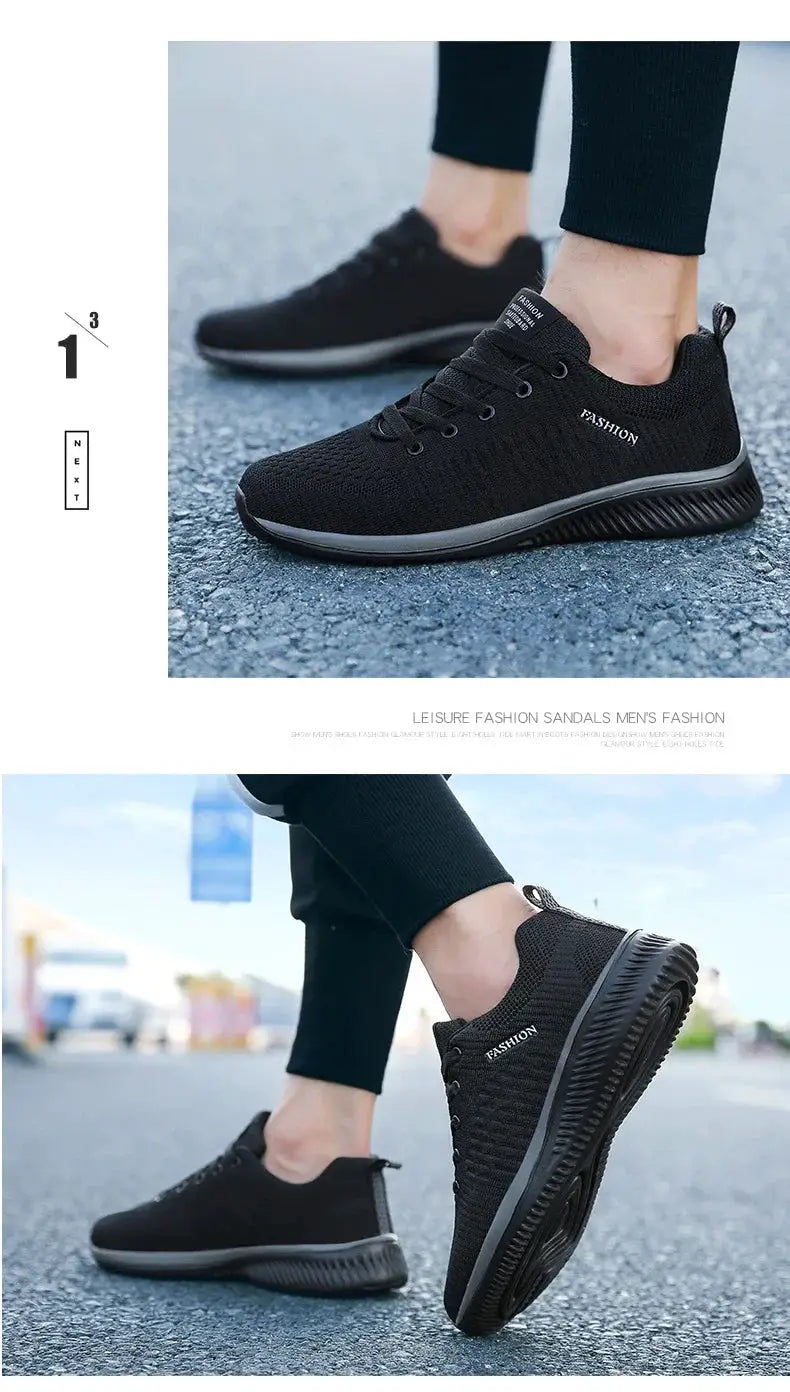 Simples Market men's black knit running sneakers with breathable mesh upper and lightweight sole.