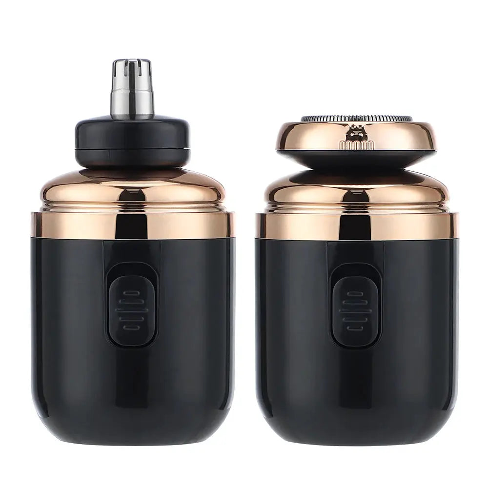 Simples Market mini travel razor set in black with rose-gold caps, 2-pack capsule shavers.