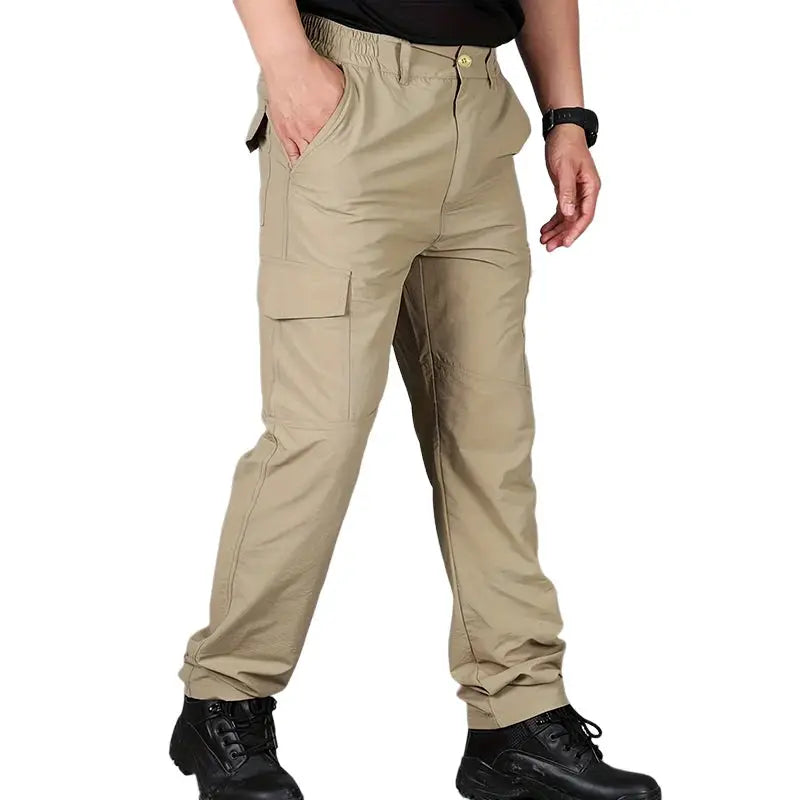 Casual men's cargo pants, tan beige with multiple pockets for outdoor hiking, quick-dry fabric