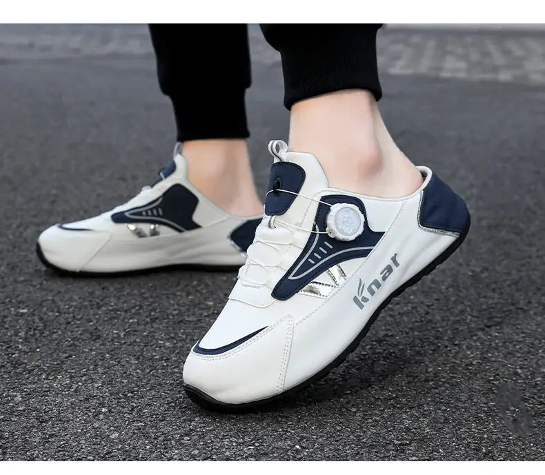 Men's lightweight non-slip breathable wear-resistant running shoes in white with navy accents on pavement