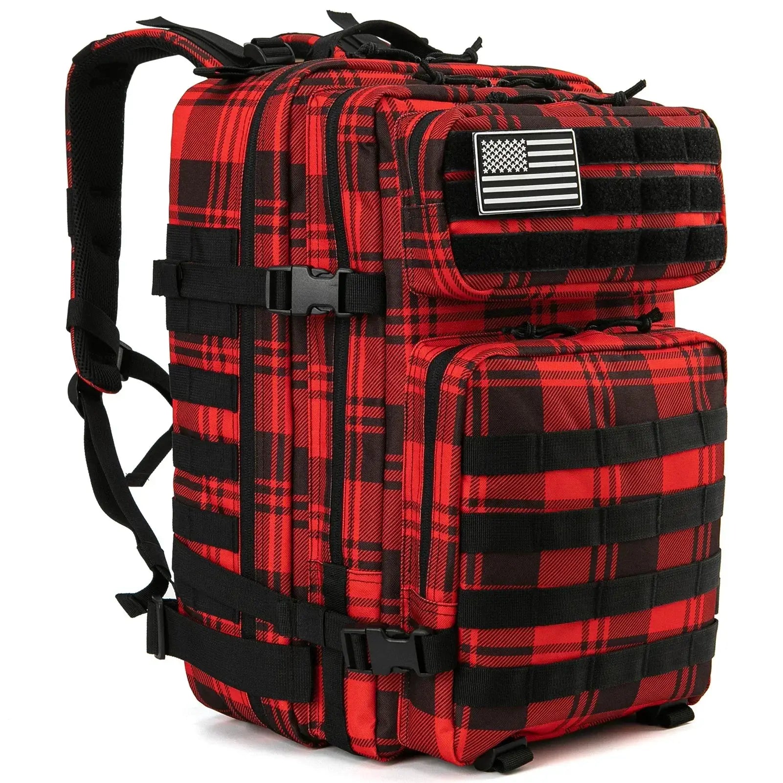 45L tactical backpack by Simples Market, red plaid with MOLLE straps and American flag patch