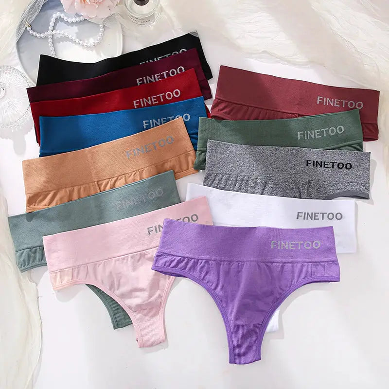 FINETOO women's seamless high-waist thong underwear set, 3-piece in assorted colors, sizes M–2XL, Simples Market.