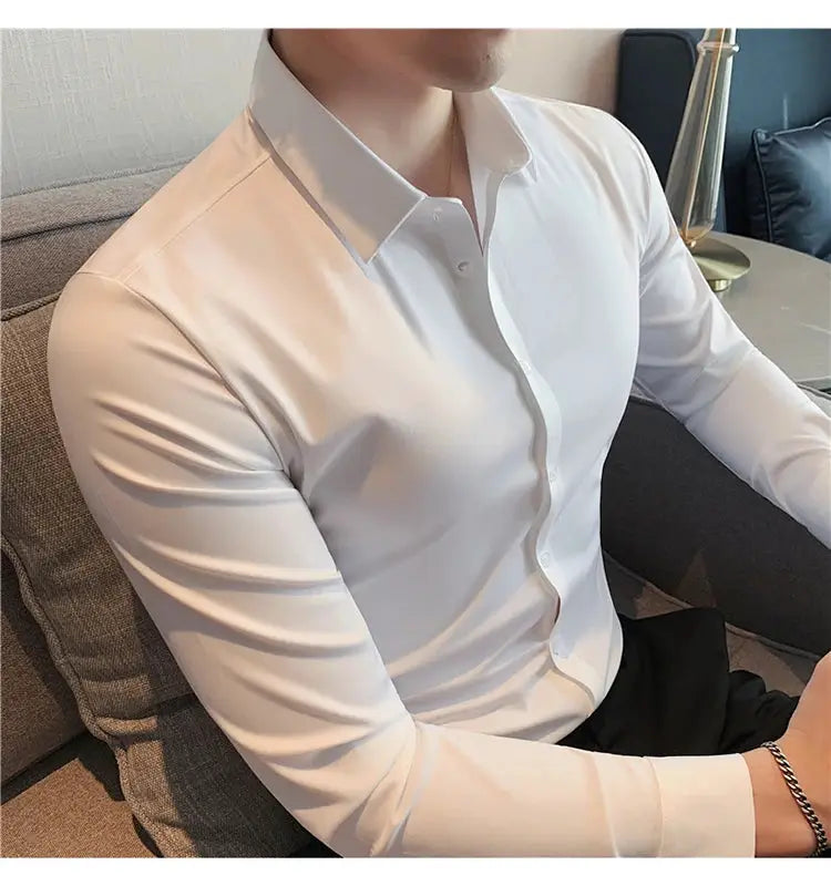 Men's white high-elasticity seamless long-sleeve dress shirt, slim fit for casual to formal wear