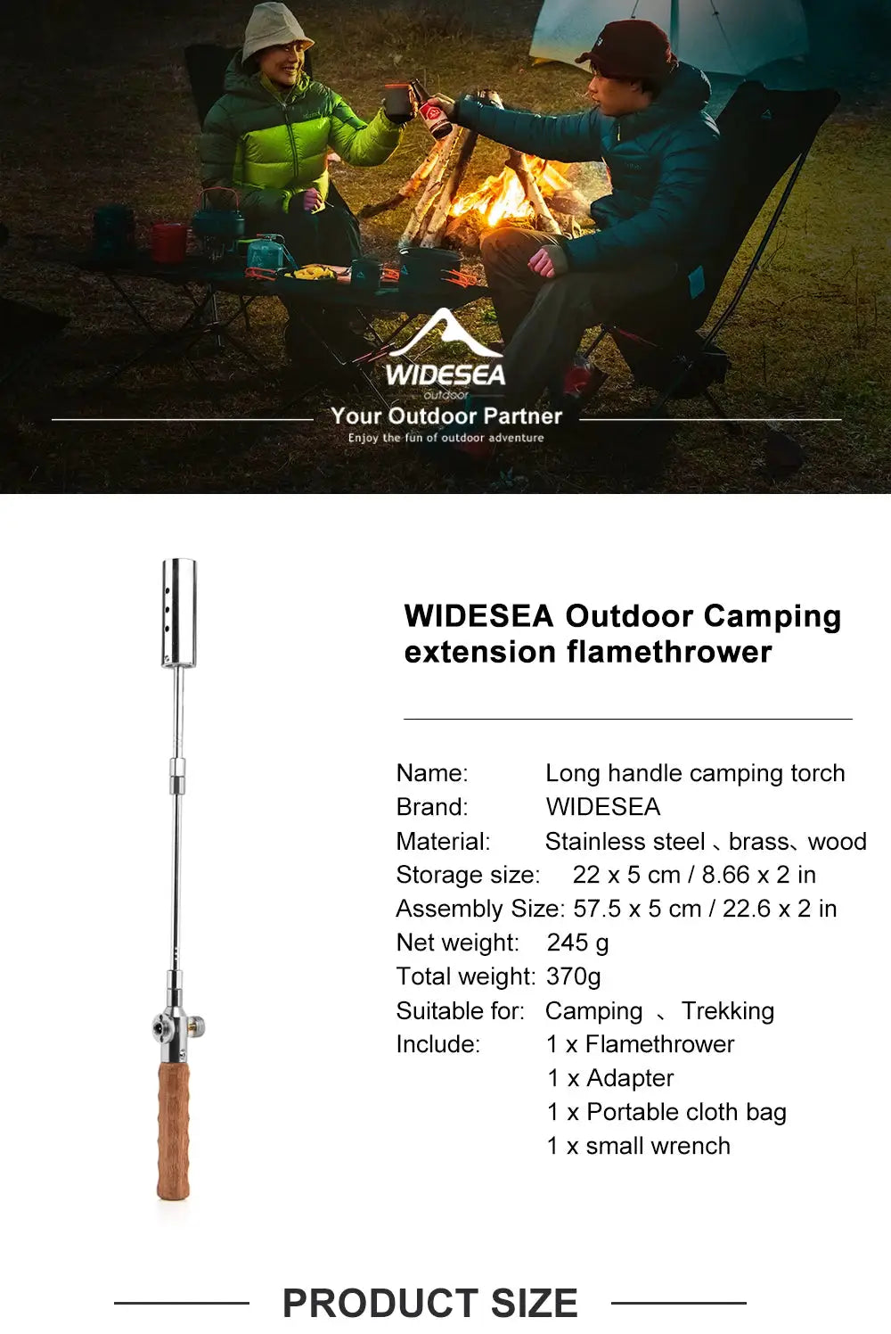 Long-handle camping flamethrower by WIDESEA with stainless steel shaft and wooden handle