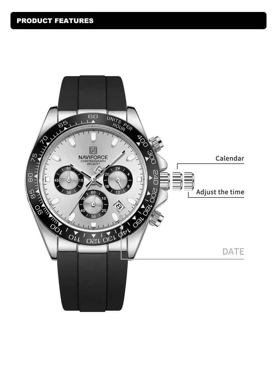 NAVIFORCE NF8054 men's chronograph watch with black silicone strap, silver dial, black bezel and date window