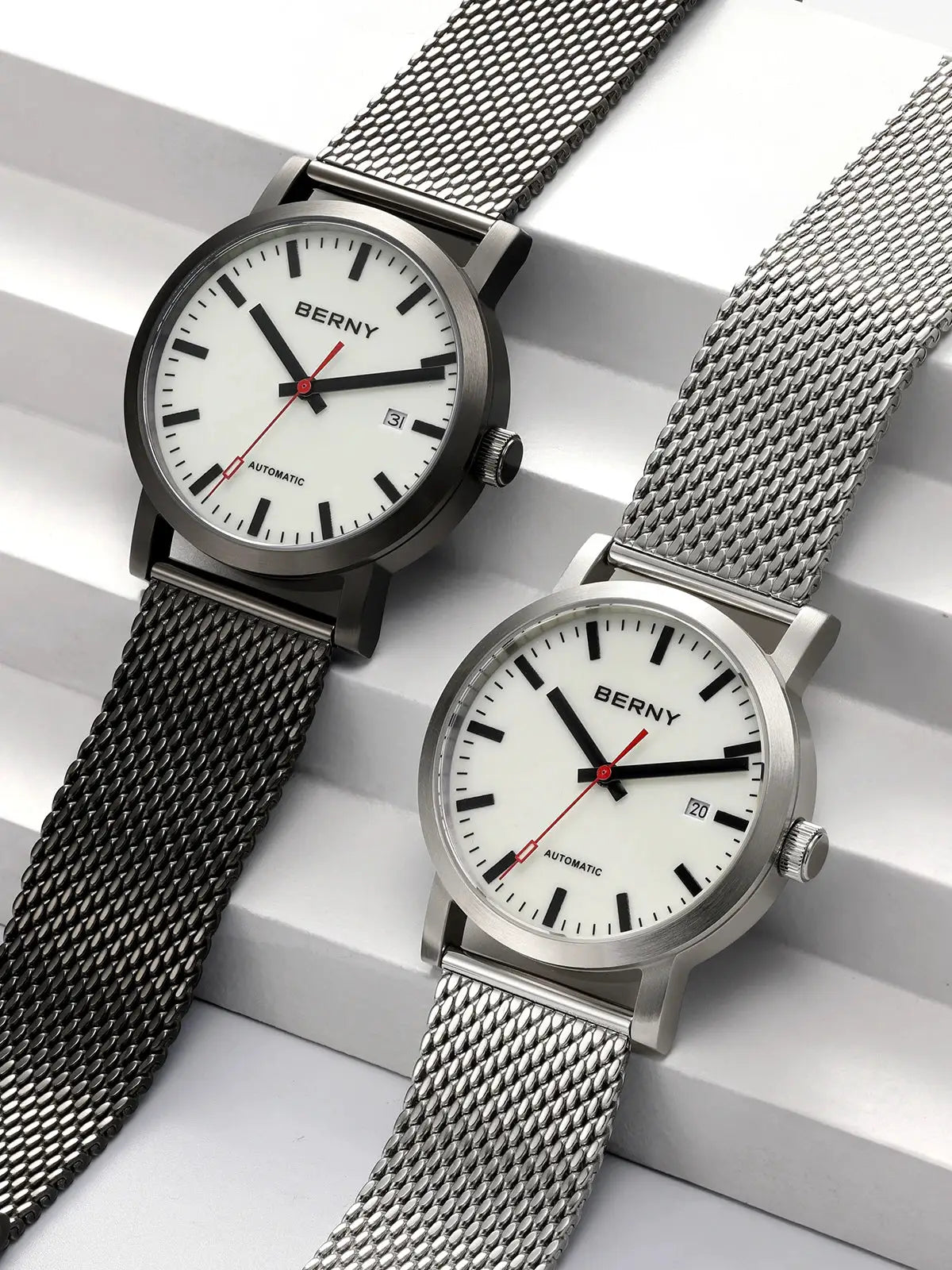 BERNY automatic men's wristwatch with white dial and stainless steel mesh belt, set of 2