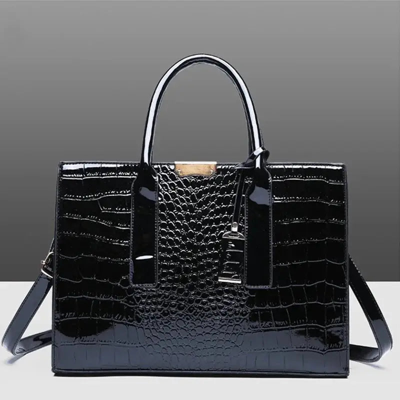 Luxury crocodile-pattern PU leather handbag with top handles and detachable shoulder strap, large capacity, black