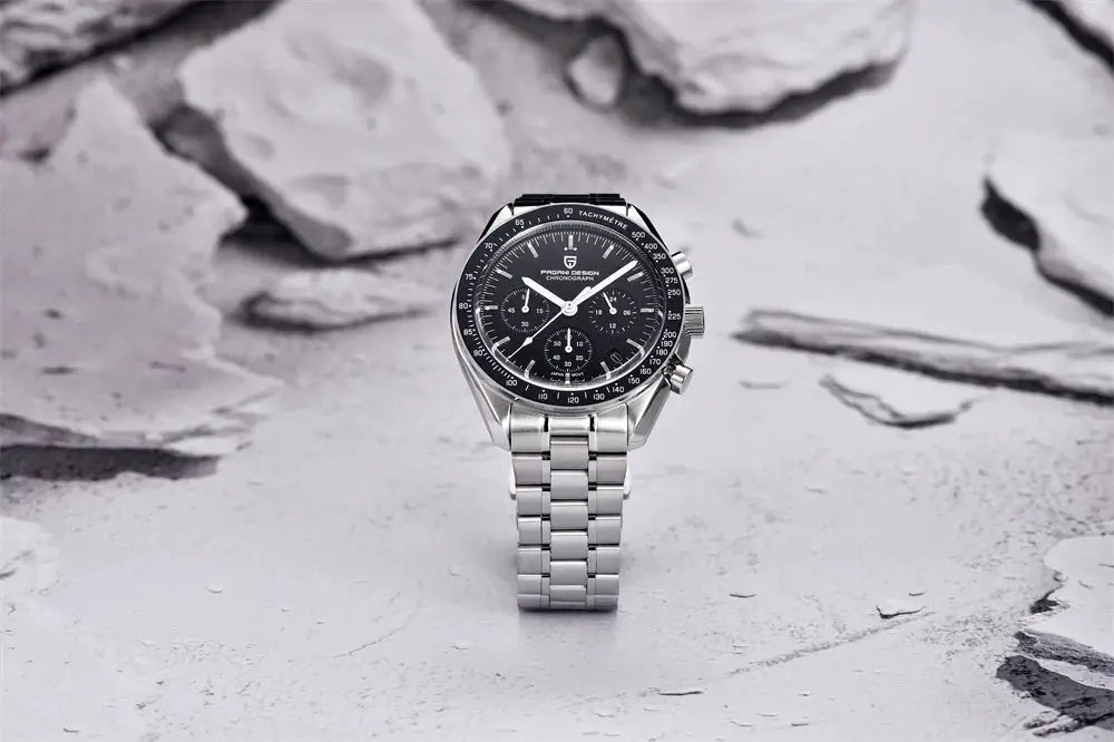 PAGANI DESIGN New Moon men's chronograph watch with stainless steel bracelet, black dial and tachymeter bezel