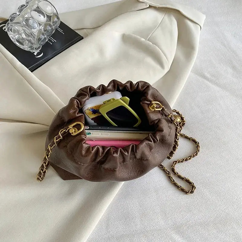 Women pleated brown hobo bag with gold-tone chain strap by Simples Market