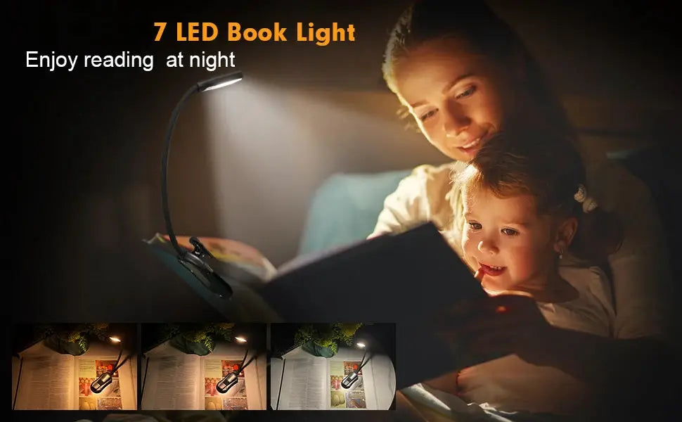 Simples Market 7-LED USB rechargeable book light with flexible clip and 3-level warm to daylight modes