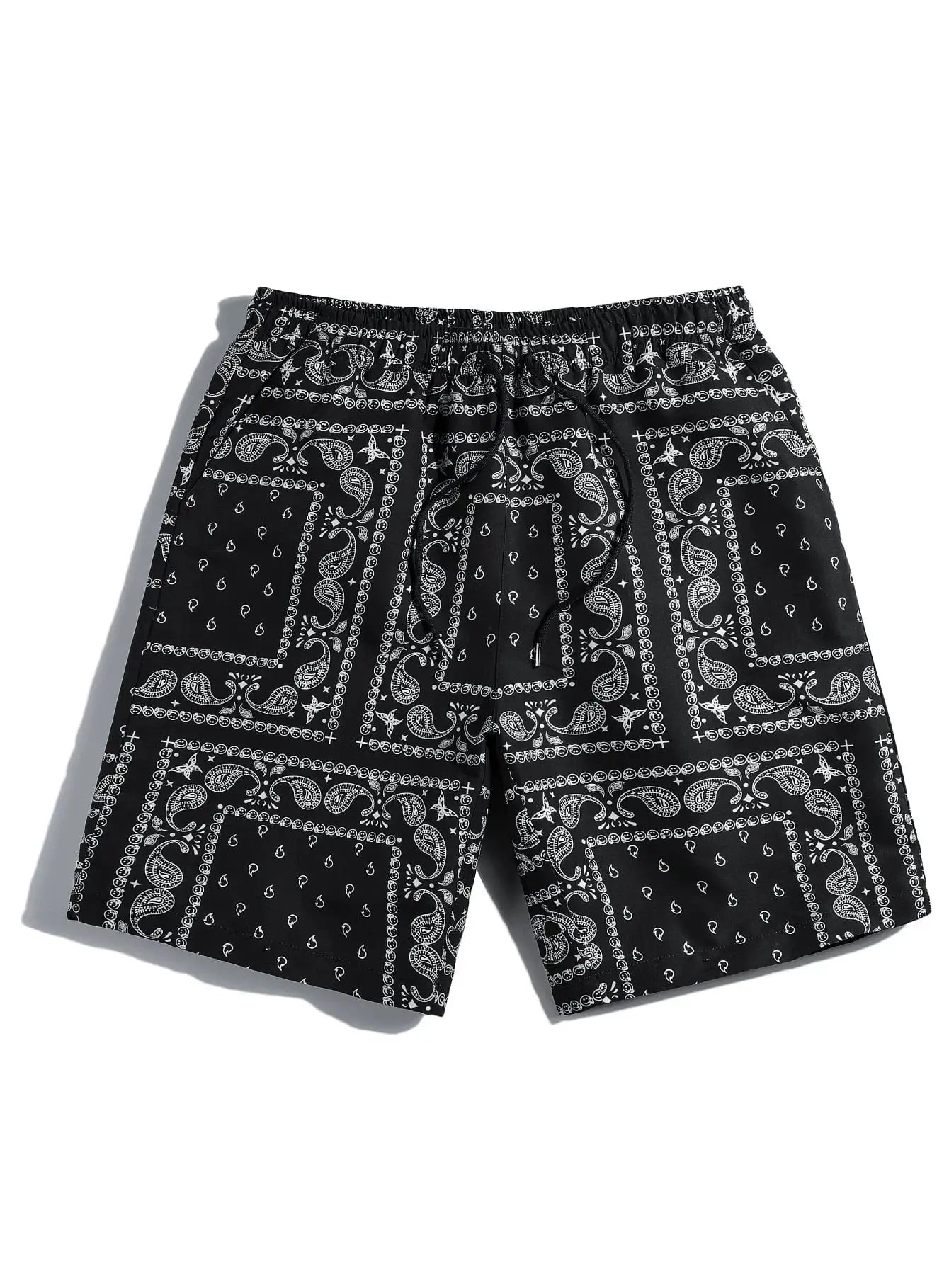 Men's bandana-print beach shorts, black with white paisley pattern, elastic waistband