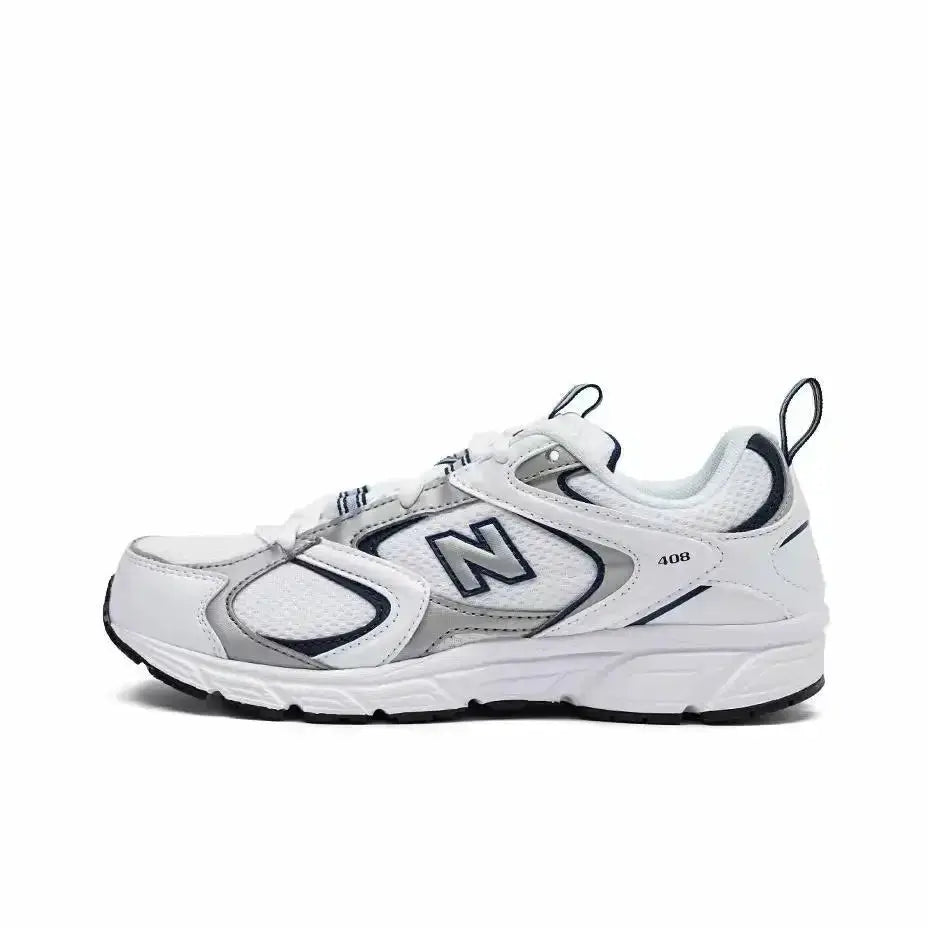 New Balance 408 unisex low-top running shoe, white with deep blue accents and breathable mesh upper.