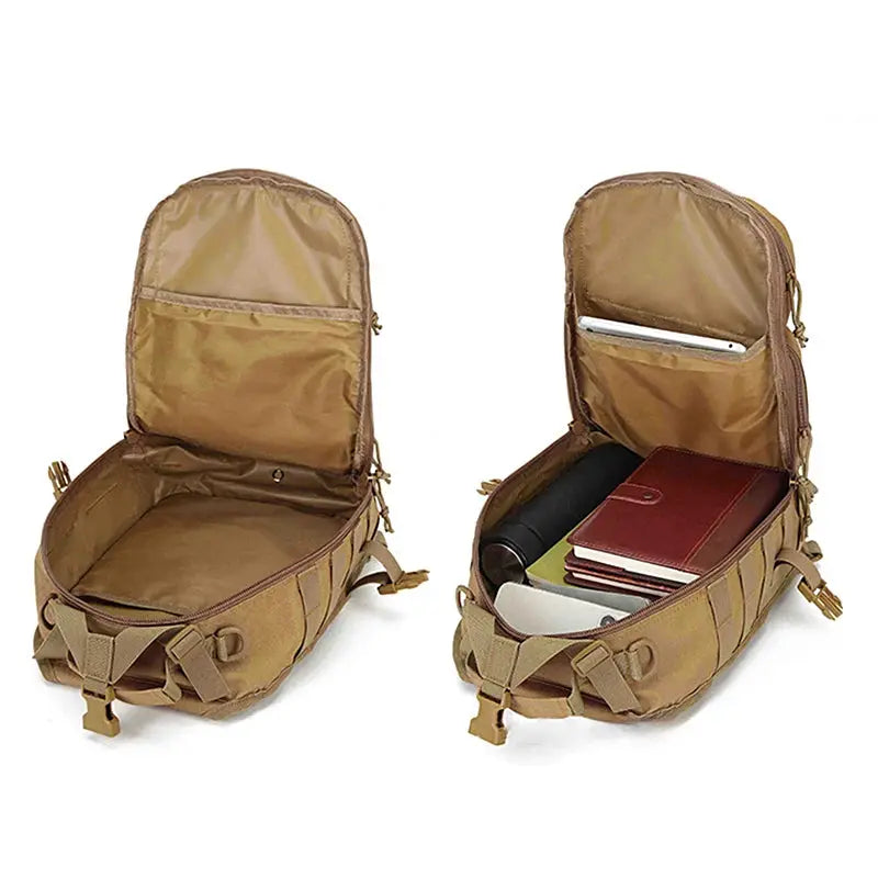 Two tan tactical sling bags with MOLLE straps; one open showing a tablet and notebook inside