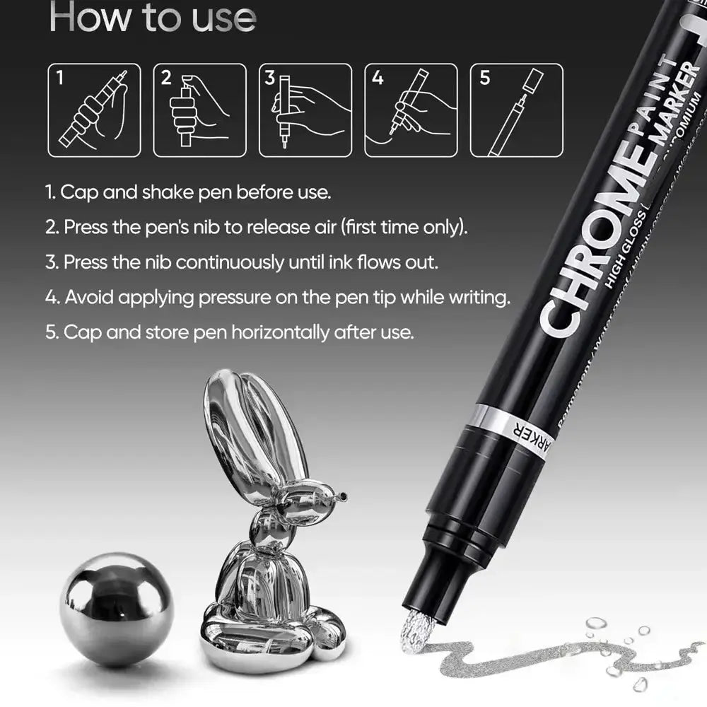 Chrome marker pen for rock, ceramic and glass; metallic silver 2mm nib, waterproof paint.