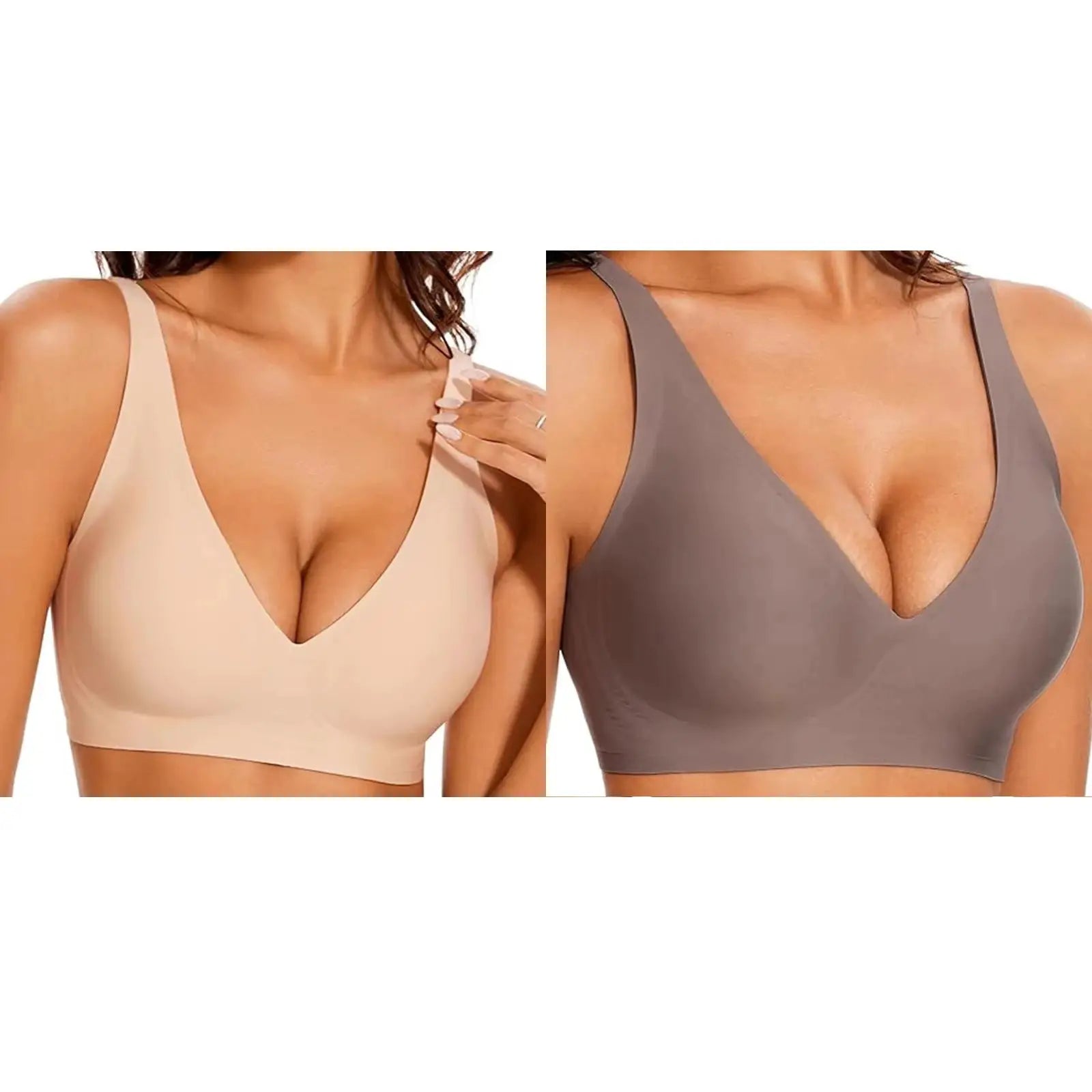 Simples Market women's seamless wire-free bras in nude and gray, full-cup, soft breathable, deep-V neck (2-pack)