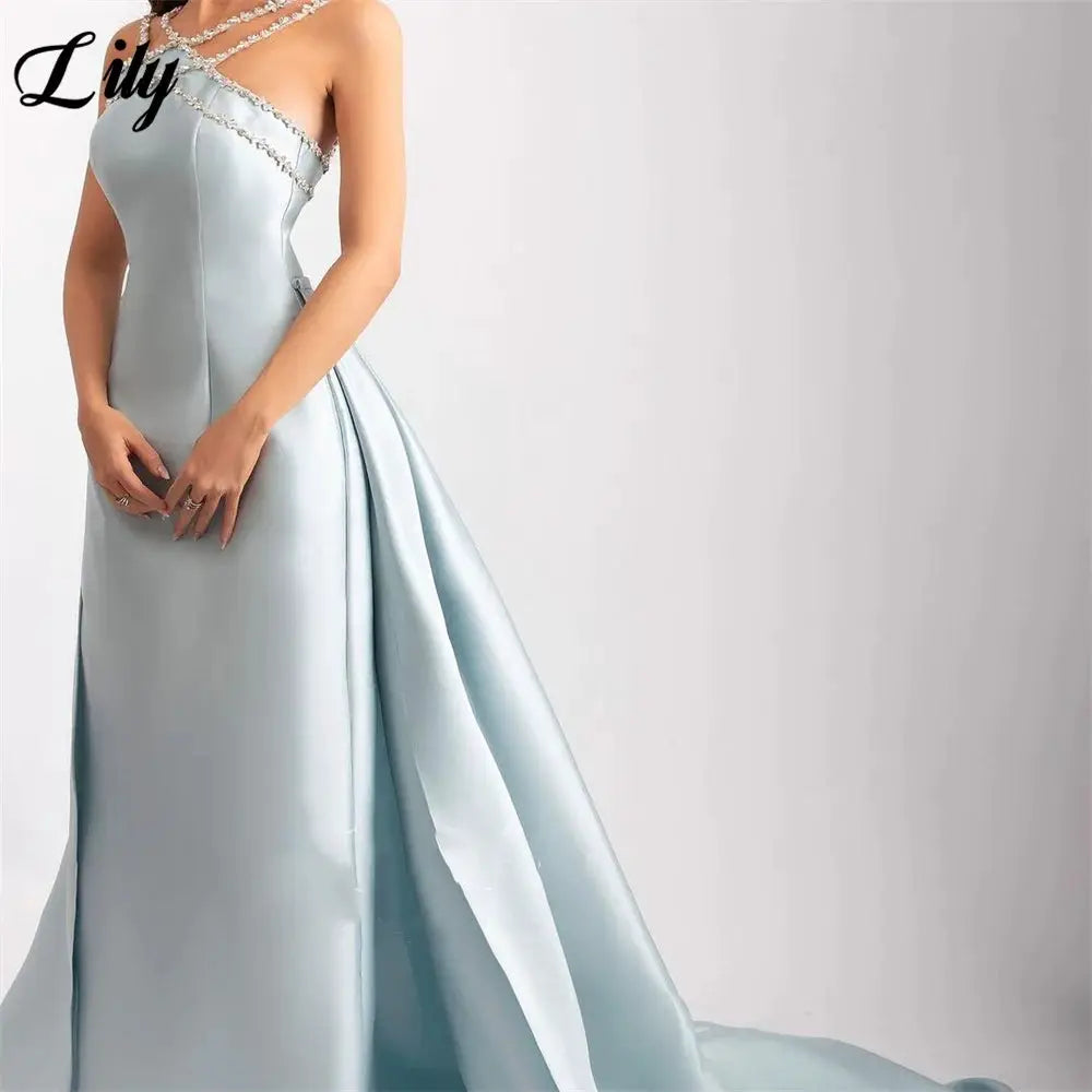 Lily Light Blue Prom Dress With Shiny Beading Halter Detachable Train