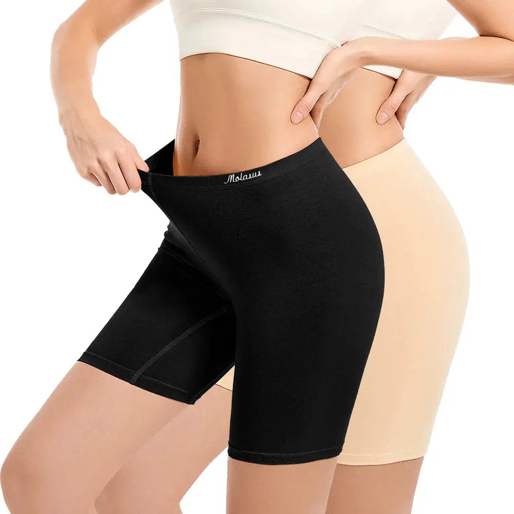 Molasus women's black cotton biker shorts underwear, high-waisted anti-chafe for work or sport