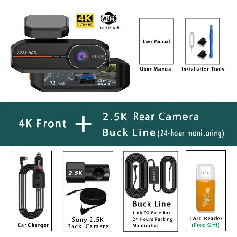 Simples Market 4K dash cam, black, front 4K + rear 2.5K, WiFi GPS ADAS; includes charger and USB card reader