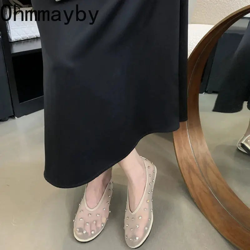 Fish Net Crystal Women Ballet Flats Slip On Dress Shoes Spring 2026