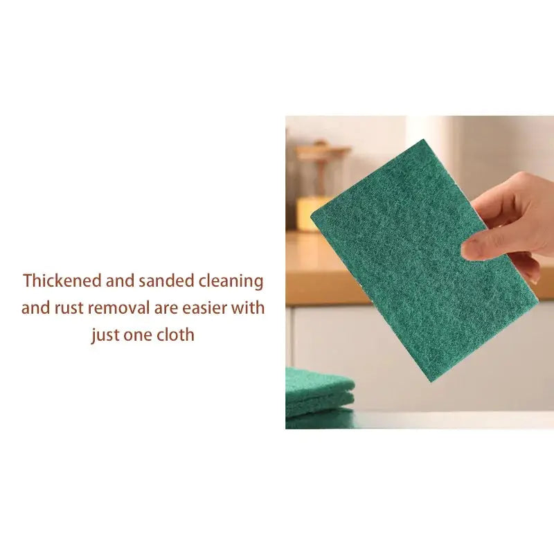 Three green kitchen scrub pads held in hand for oil removal and dishwashing.