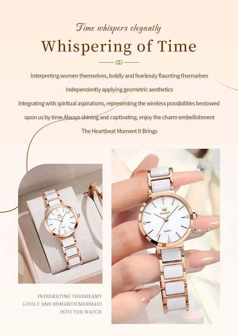Women's watch by Simples Market with rose-gold case, white dial and white ceramic bracelet, quartz movement.
