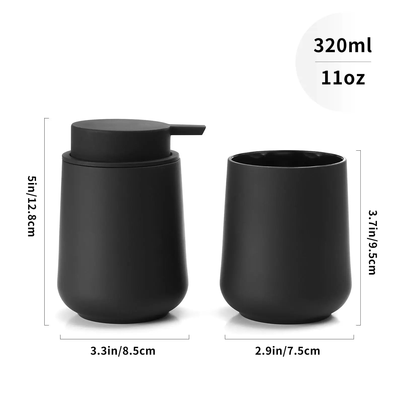 Bathroom accessory set (2-piece) matte black soap dispenser and cup for vanity.