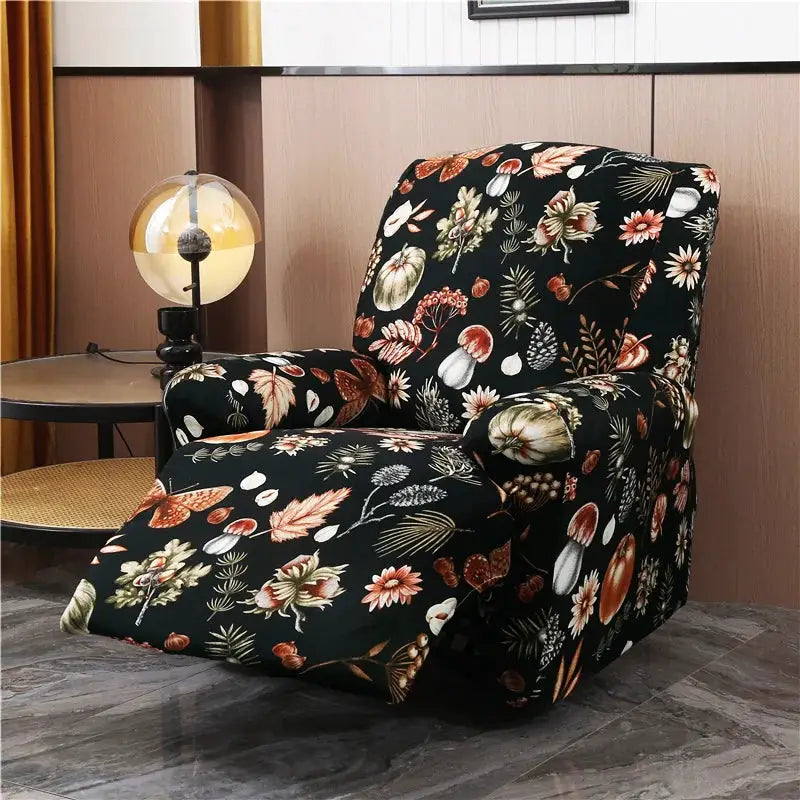 Stretch recliner chair cover in black with autumn leaf floral print