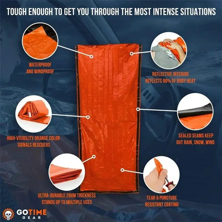 Portable orange waterproof emergency survival sleeping bag Mylar blanket; high-visibility color and tear-resistant coating.