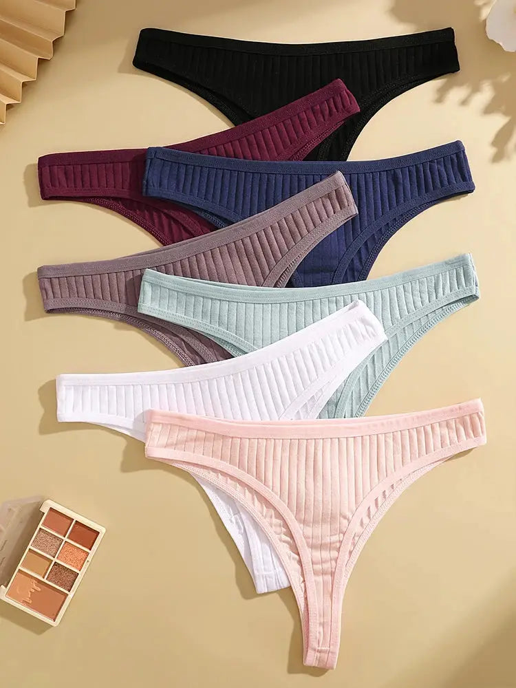 7-pack ribbed cotton G-string panties for women in assorted colors
