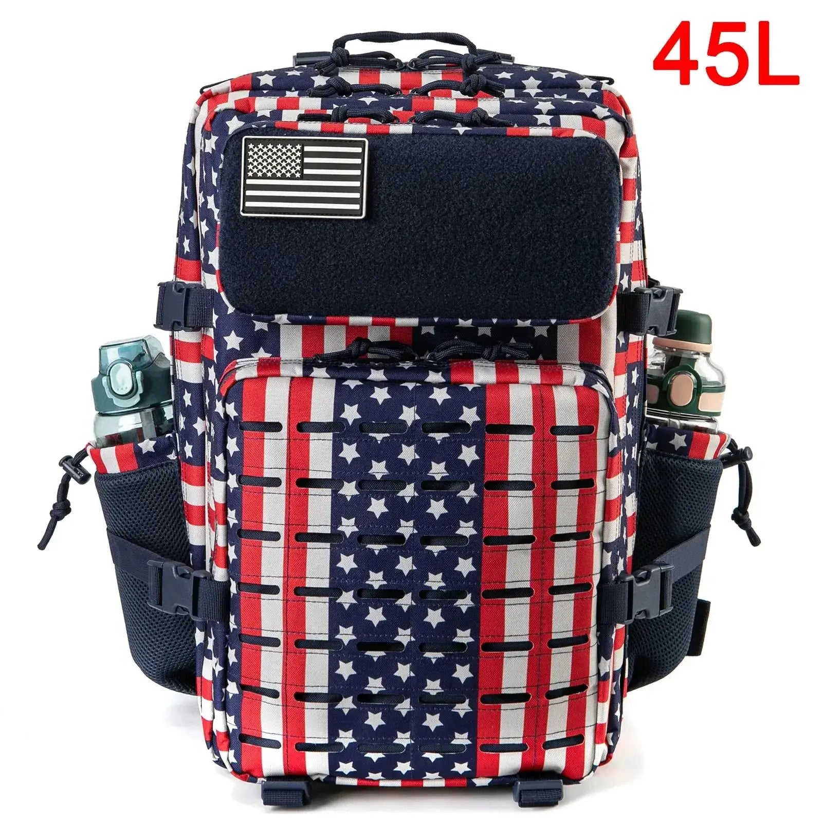 Tactical backpack 45L by Simples Market with American flag print and water bottle holders