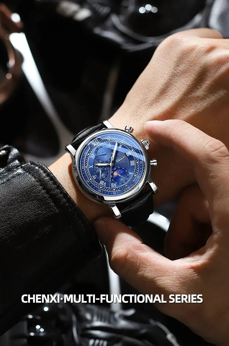 Chenxi 976 leather chronograph watch with blue dial on black leather strap
