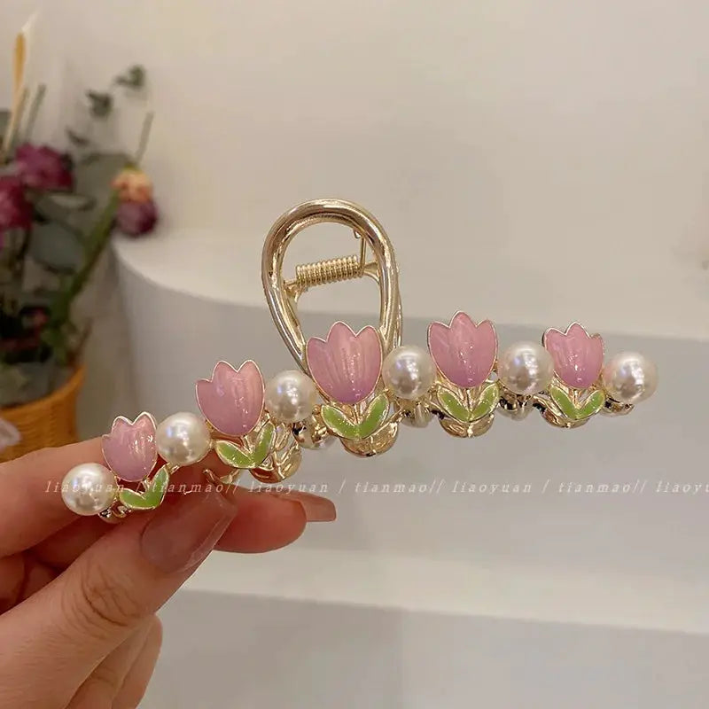 Glamora Metal Hair Claw With Gold Flower Design For Secure Ponytails And Elegant Updos