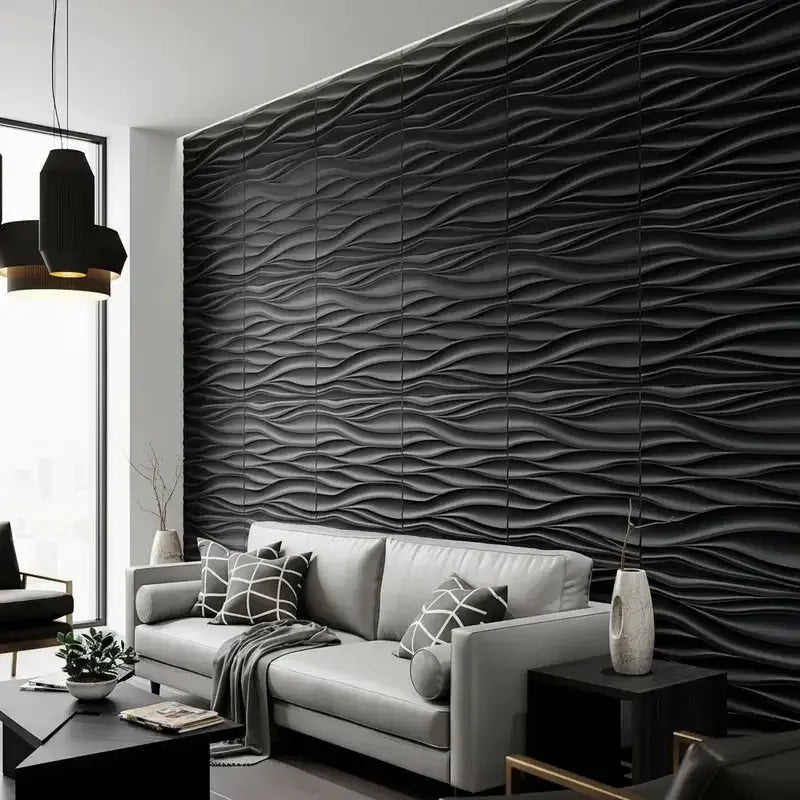 Simples Market 3D wall panel set, 10-piece 30x30cm, black wave tile panels for living room decor