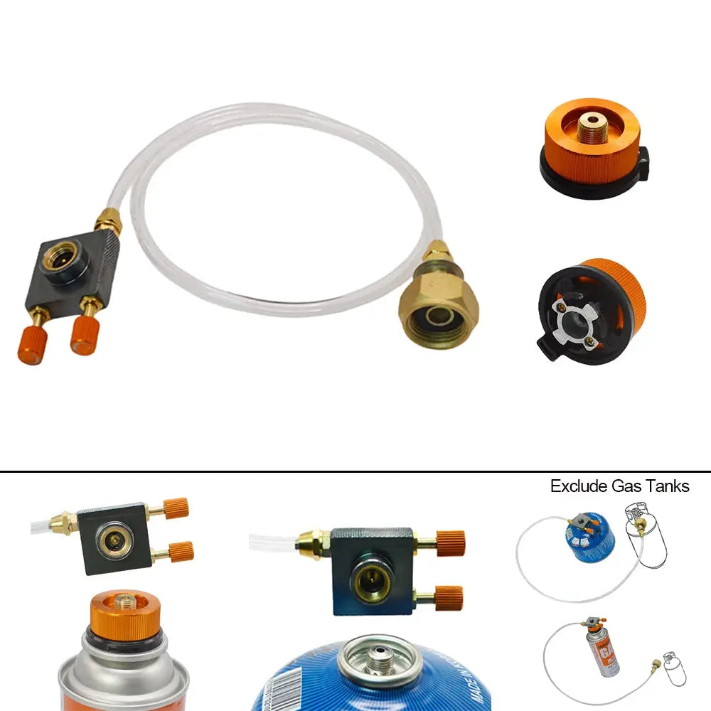 Simples Market camping gas refill adapter kit with hose, brass fittings, orange knobs, and black adapter block