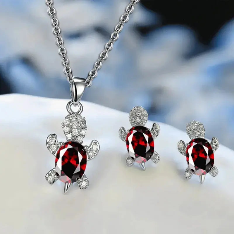 Three Piece Silver Plated Necklace Earrings Set For Ladies With Turtle Shape And Multicolor Glass Diamonds