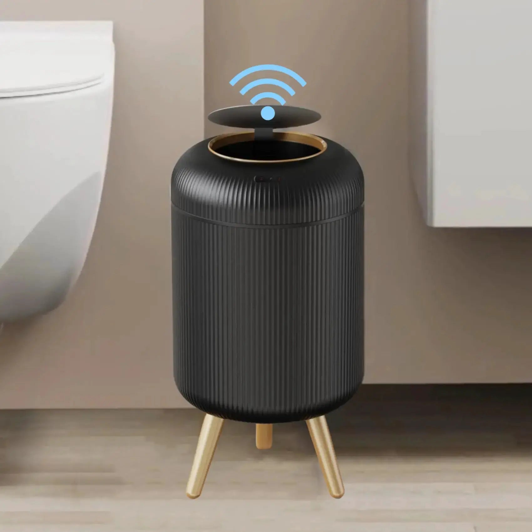Automatic trash can with lid by Simples Market, a small black plastic smart trash can with motion sensor